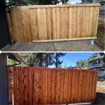 Before and after of a wooden fence in Portland; Pearl Painters stained the wood, showing painter's work before and after painting.