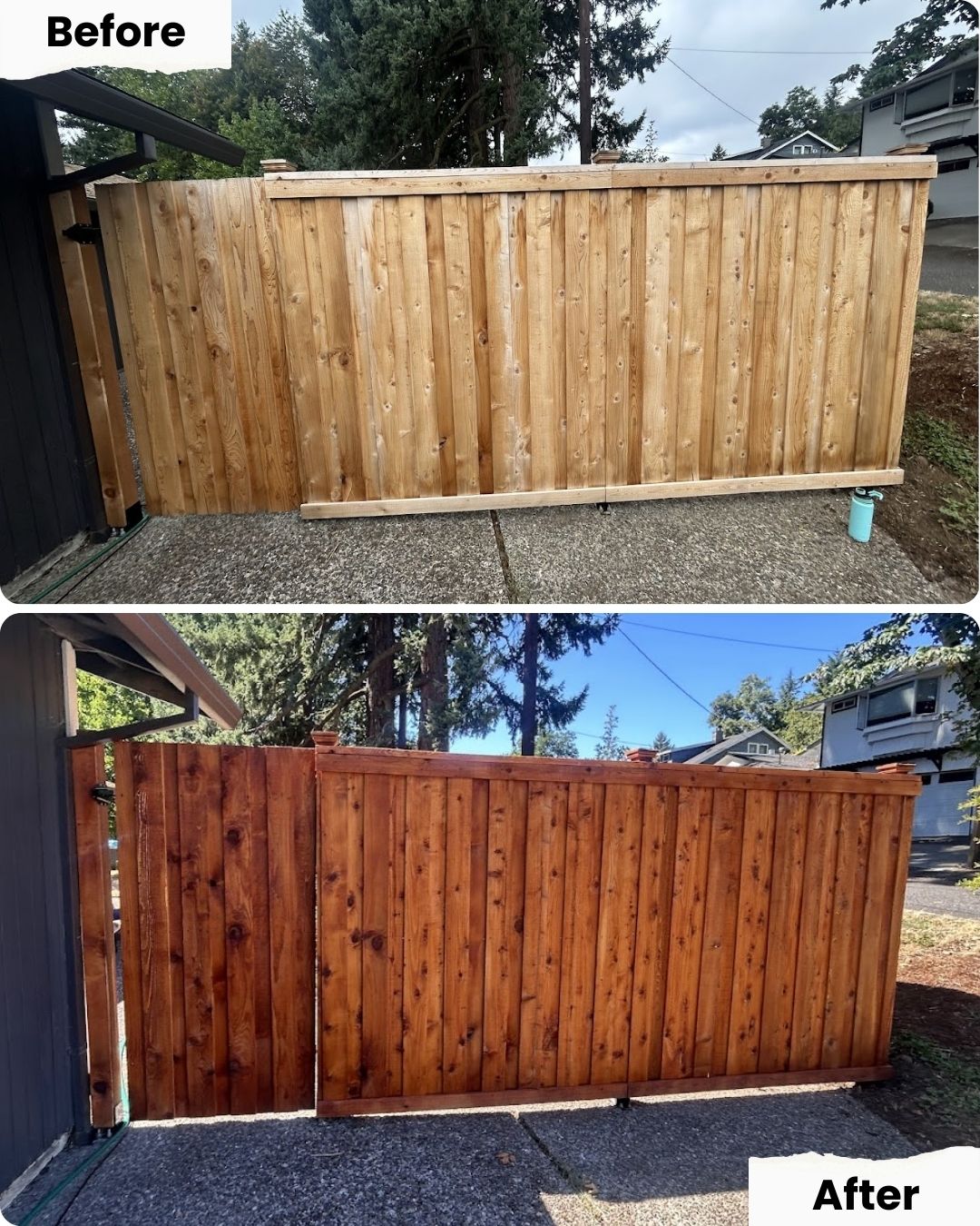 Before and after of a wooden fence in Portland; Pearl Painters stained the wood, showing painter's work before and after painting.