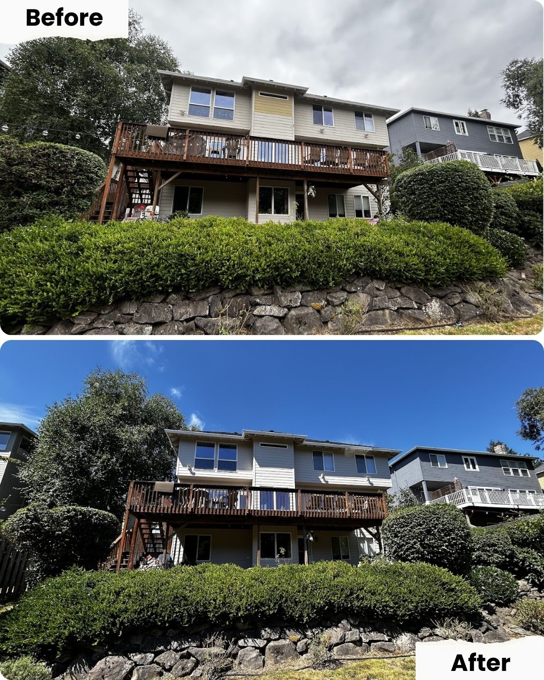 Before and after of a Featherstone house in Portland; Pearl Painters painted exterior, yard appears neater in August 2025.