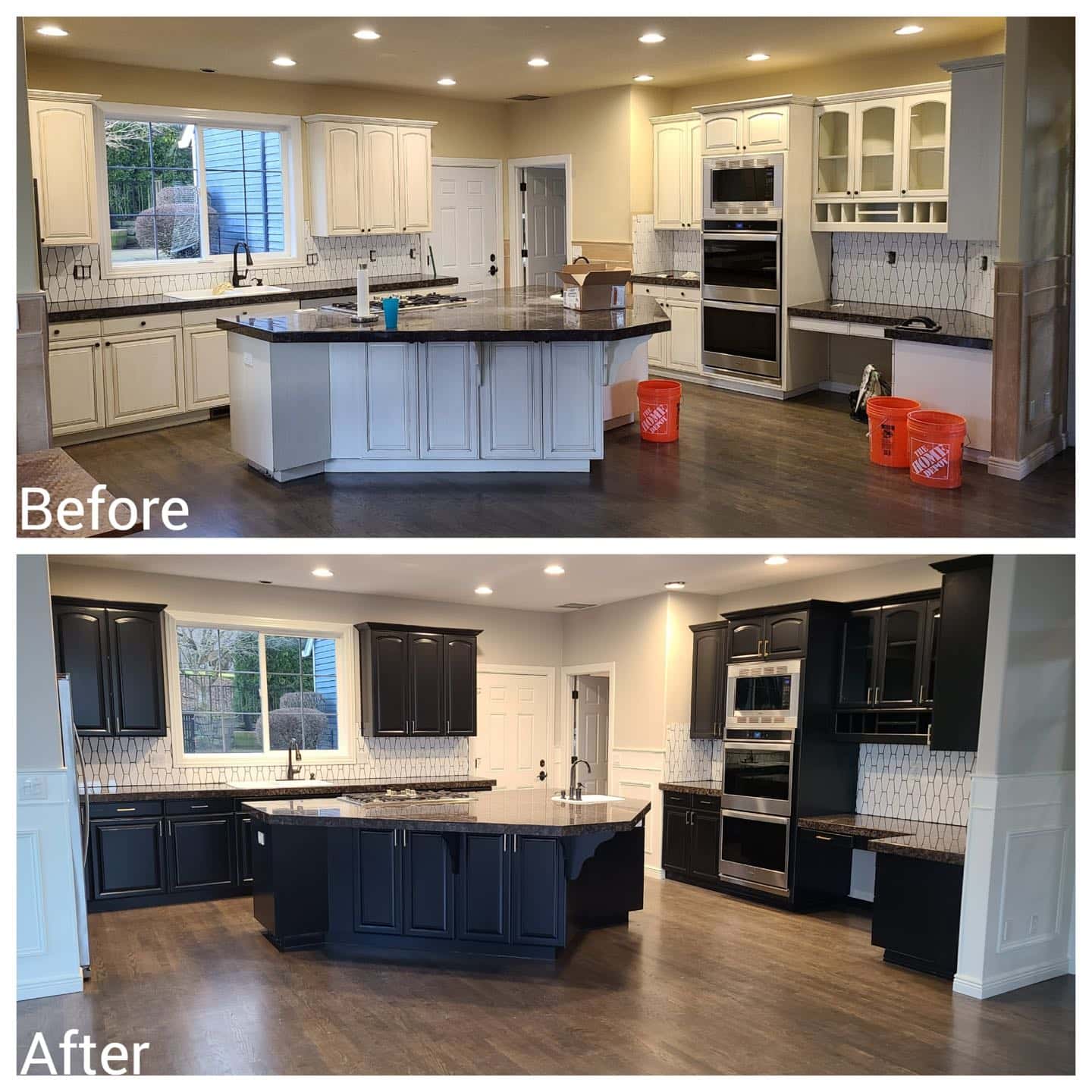 Before and after pictures of a modern kitchen makeover with black cabinets in Tigard.
