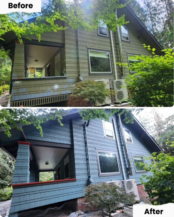 Painter repainting a Gentry house in Portland in Aug 2025; Pearl Painters changed it from green to blue-gray with red trim.