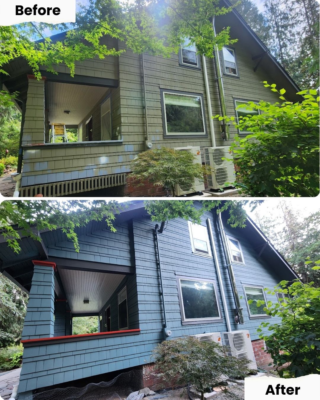 Painter repainting a Gentry house in Portland in Aug 2025; Pearl Painters changed it from green to blue-gray with red trim.