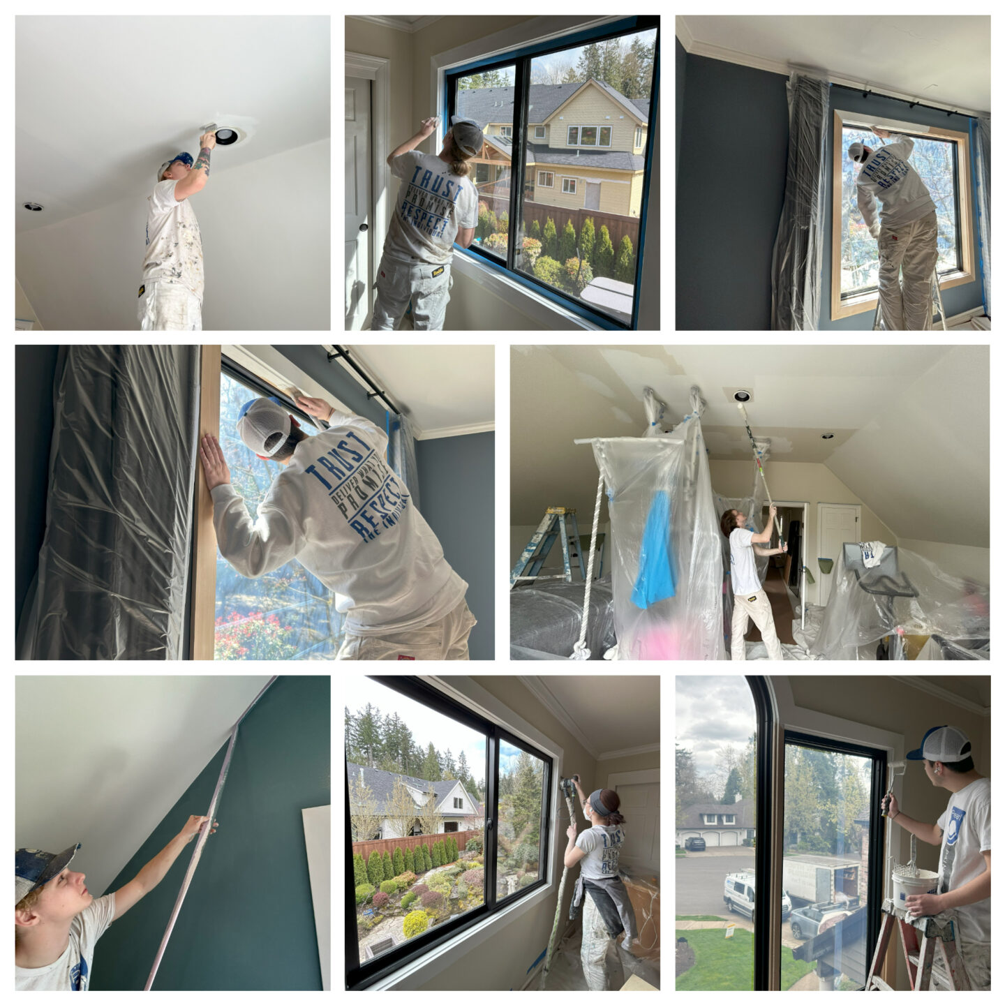 A team of people painting a room, capturing their progress and expertise in a timeline of pictures for a 5-star Google Review.