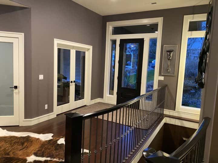 A hallway with glass doors and a cowhide rug.