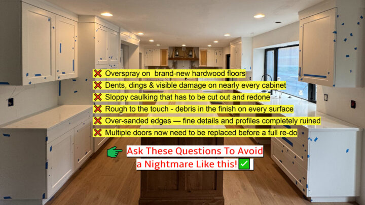 A kitchen in Portland with white cabinets and counters is marked with blue tape, raising concerns about overspray, damage, sloppy caulking, rough finishes, and misaligned doors. Pearl Painters should address these issues.