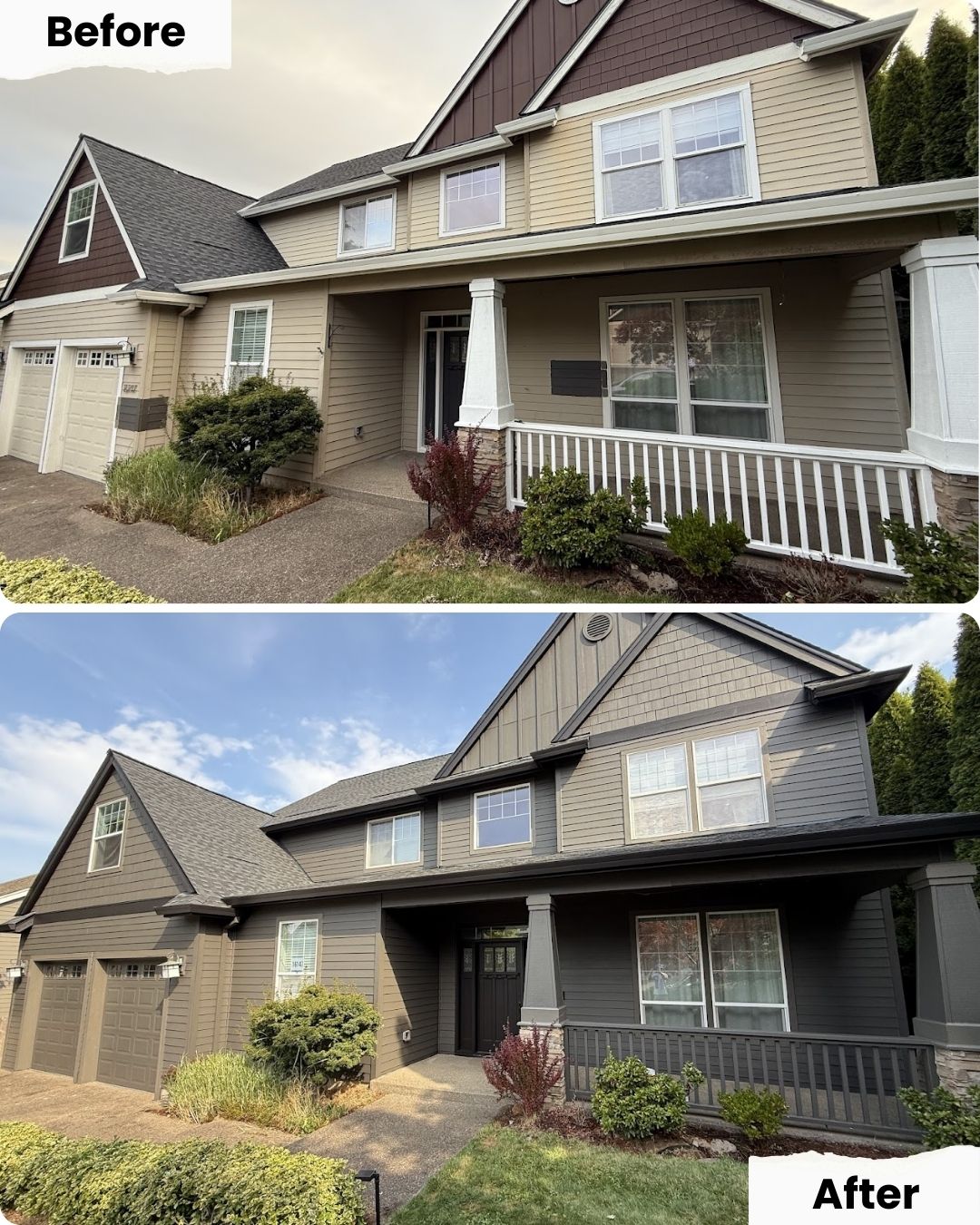 Before-and-after: Portland house painted beige, then repainted dark gray by Pearl Painters in August 2025. Painter: Montoya.