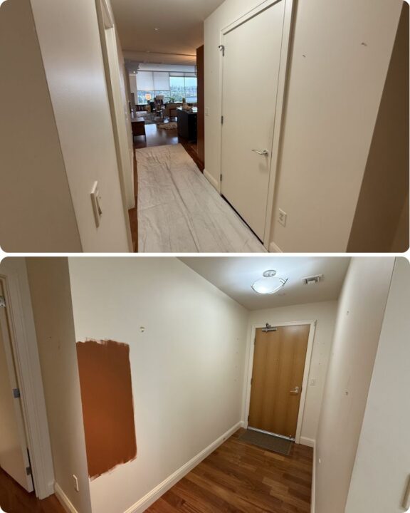 Top: Nusblatt hallway, Portland—white paint by Pearl Painters. Bottom: Small hall, brown paint patch, door—painting in progress.
