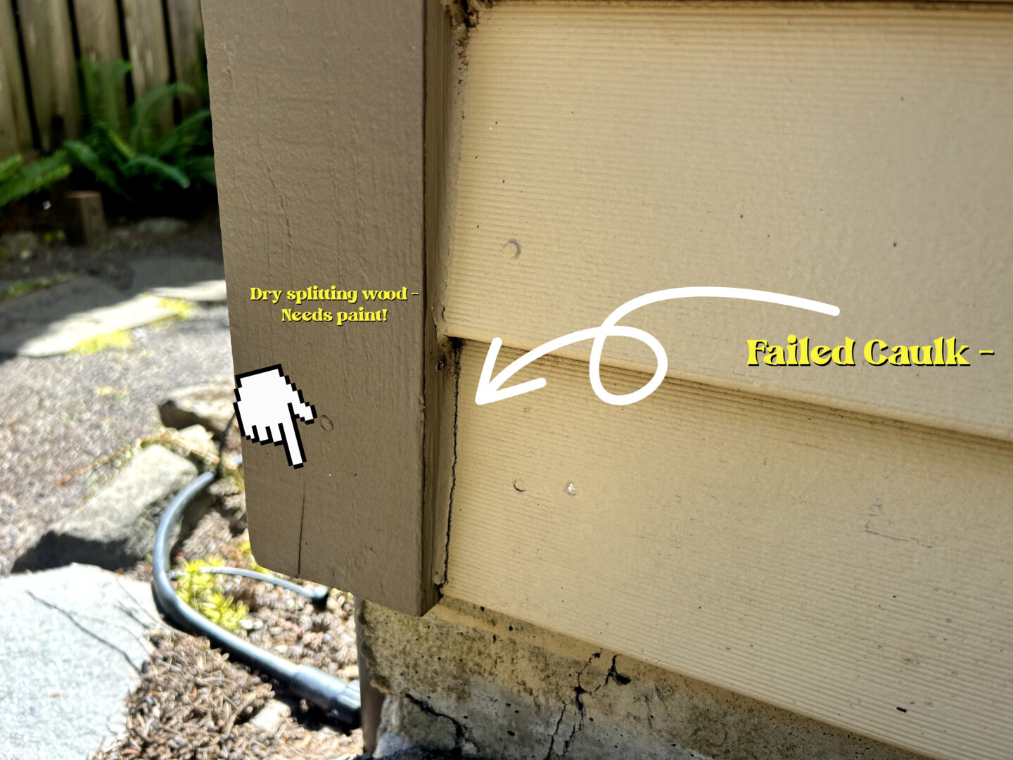 Corner of a house showing dry, splitting wood in need of exterior paint and failed caulking marked with text and arrows. Watch out for these common paint failures to maintain your home's appearance.