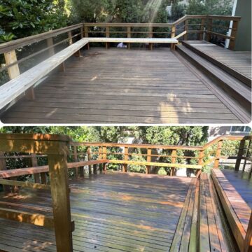 Side-by-side of wooden deck in Portland before and after painting by Pearl Painters; faded wood looks darker and glossier after.