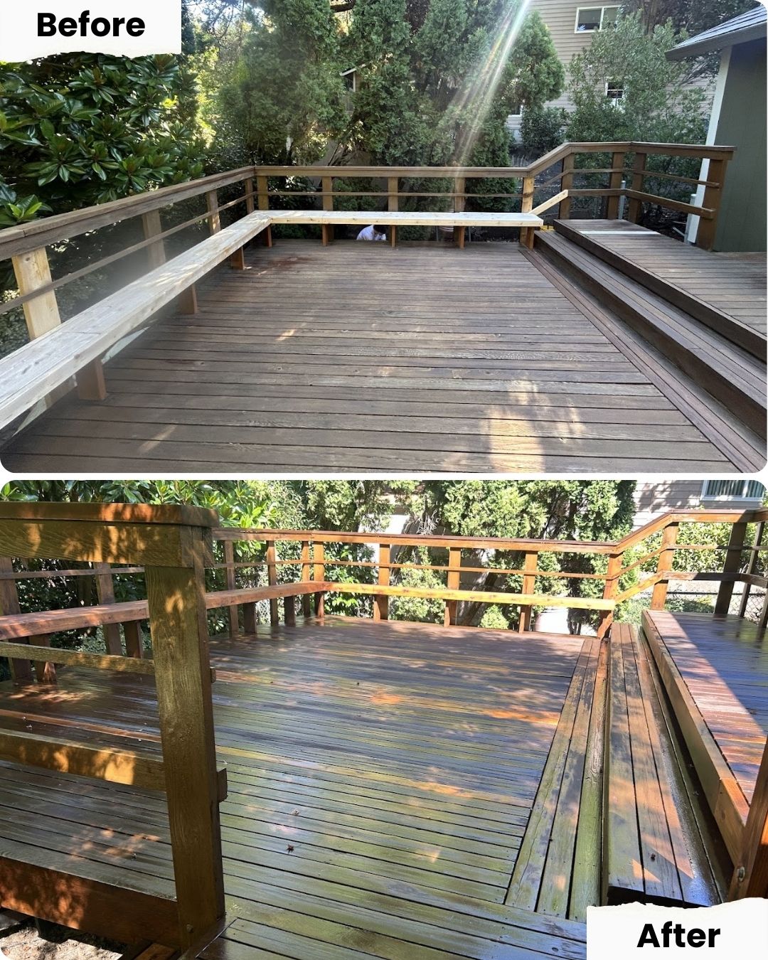 Side-by-side of wooden deck in Portland before and after painting by Pearl Painters; faded wood looks darker and glossier after.