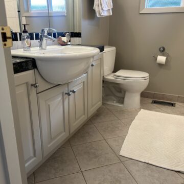 A home bathroom with a toilet and sink.