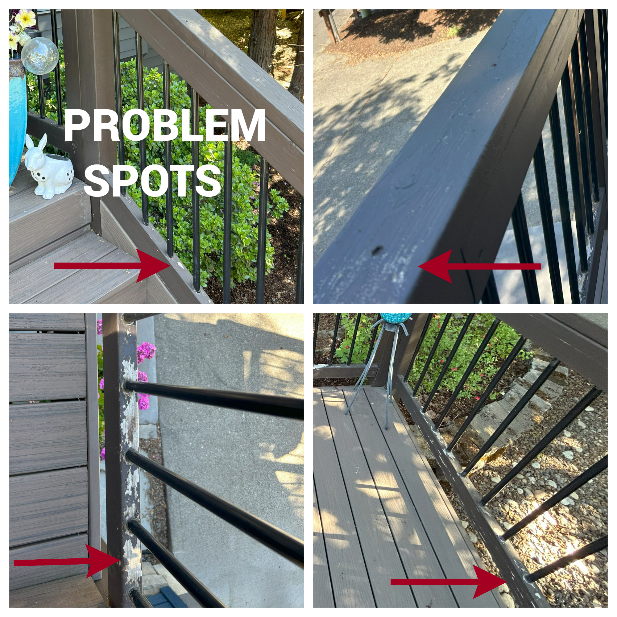 A series of photos demonstrating safety measures and deck railing maintenance to fix a problem spot on a well-maintained deck.
