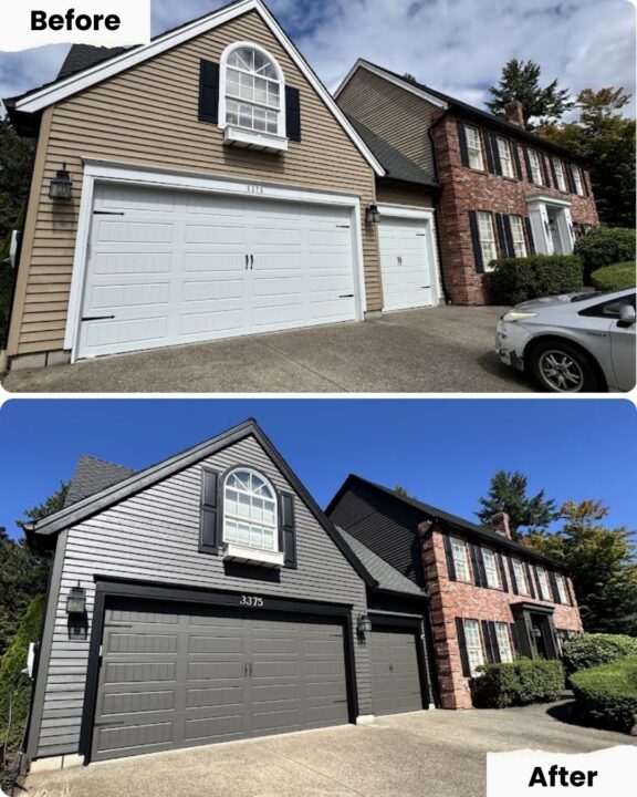 Before-and-after of Portland home by Pearl Painters: painter changed light siding and white garage doors to dark and black.