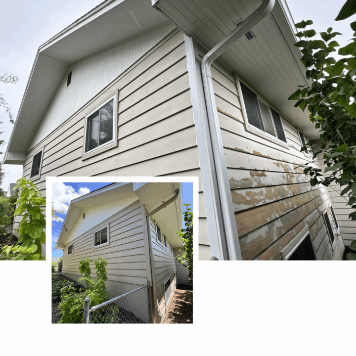 Pearl Painters prepping a beige Portland house; close-up of paint removal, inset shows wider wall view from opposite angle.