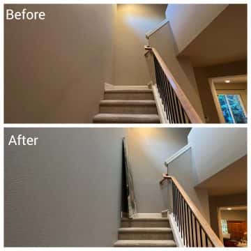 Before and after pictures of a stairway in a West Linn home.