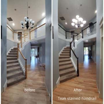Two pictures of a staircase project before and after refinishing with a handrail.