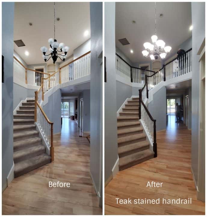 Two pictures of a staircase project before and after refinishing with a handrail.