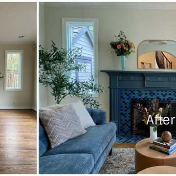 Before and after photos of a Lake Oswego home living room with a fireplace transformed with accent paint colors.