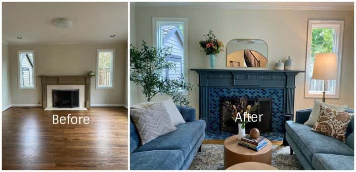 Before and after photos of a Lake Oswego home living room with a fireplace transformed with accent paint colors.