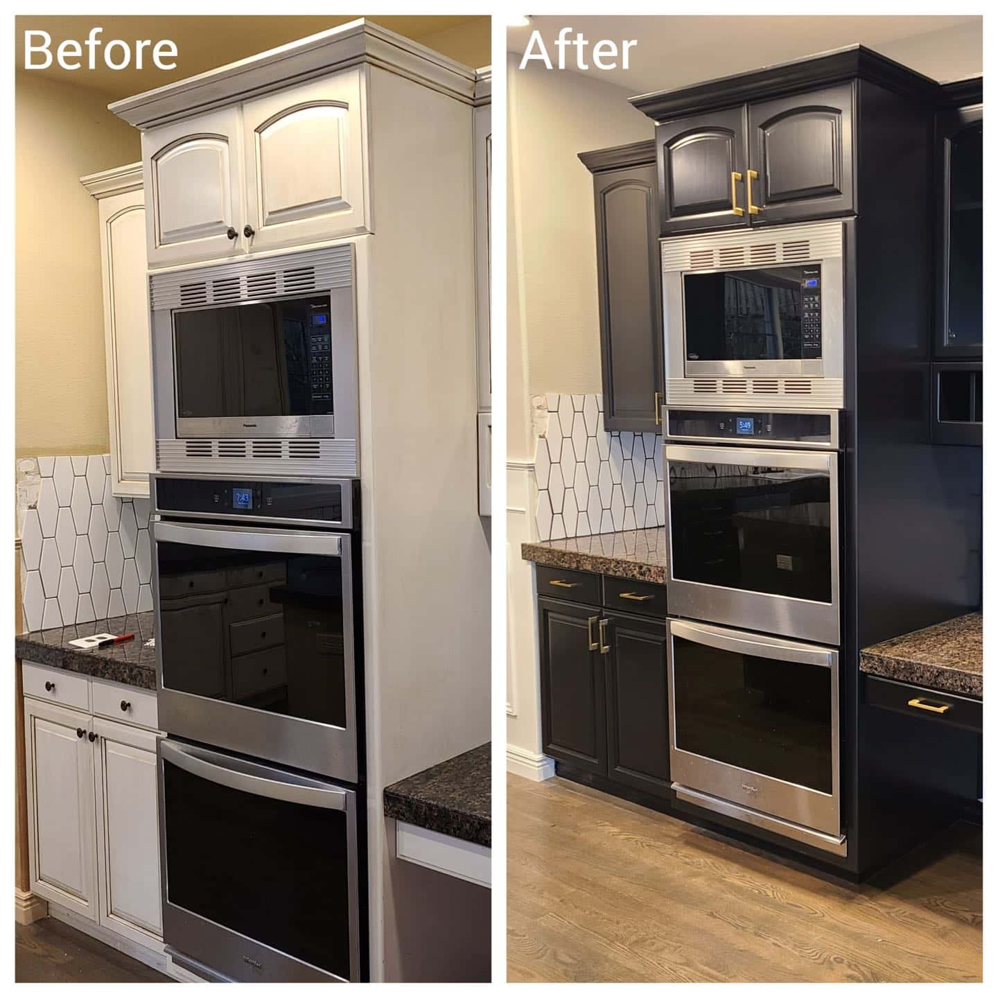 Before and after pictures of a kitchen with a modern makeover.