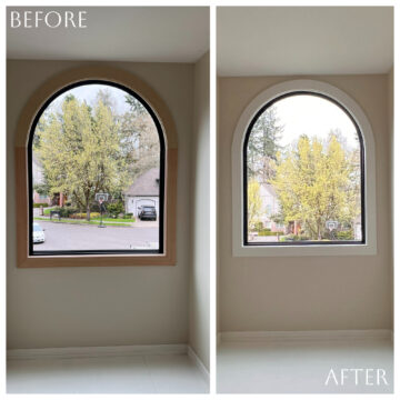 A before and after photo showcasing the remarkable transformation of an arched window achieved by our skilled team within a tight timeline.