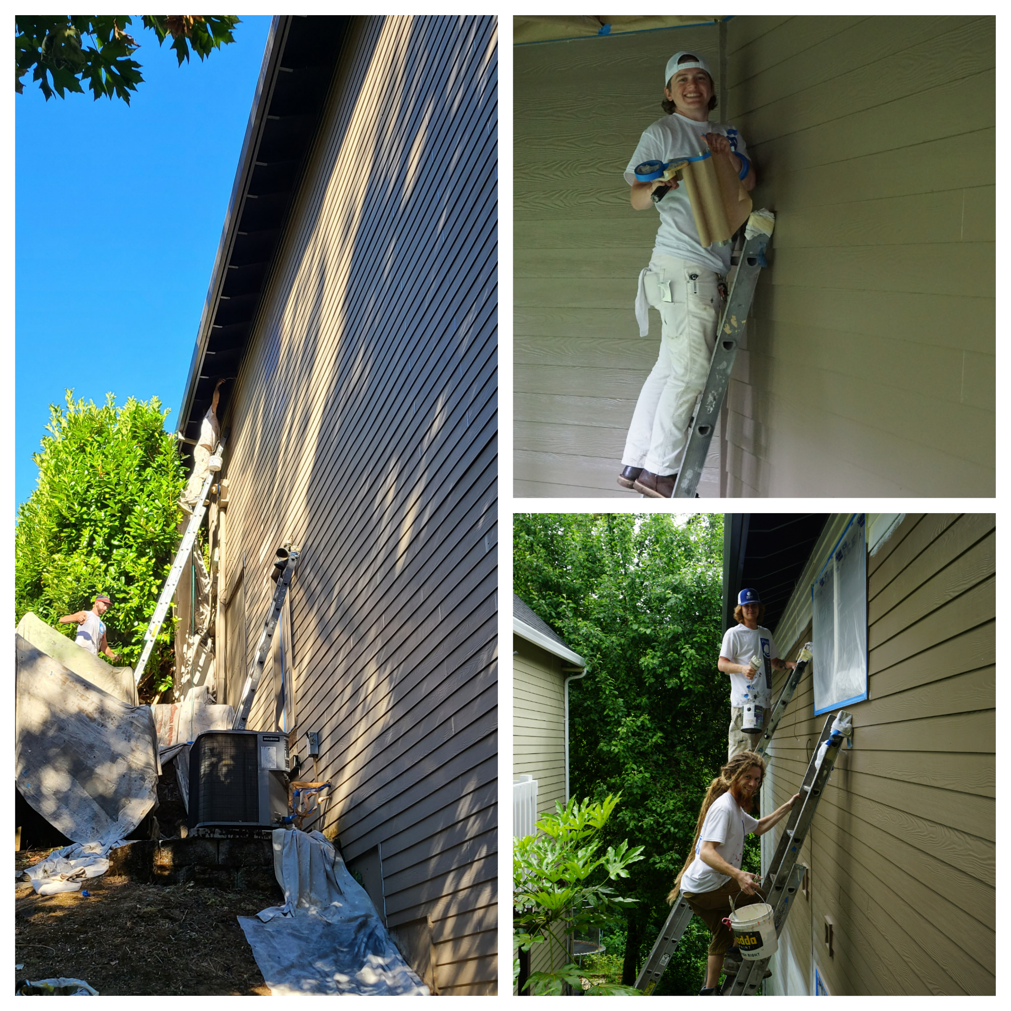 Four men from Tigard are painting the exterior of a house, enhancing its curb appeal on Bull Mountain.
