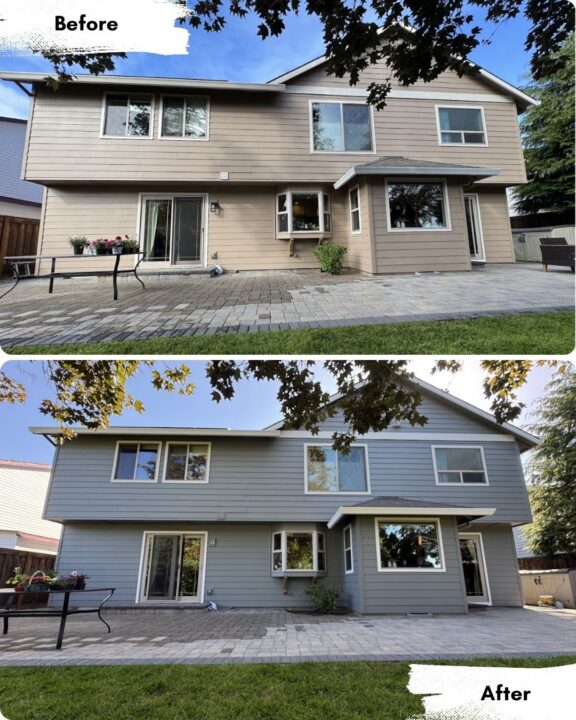 Before-and-after photos show Pearl Painters' painting of Portland house siding from beige to gray-blue.