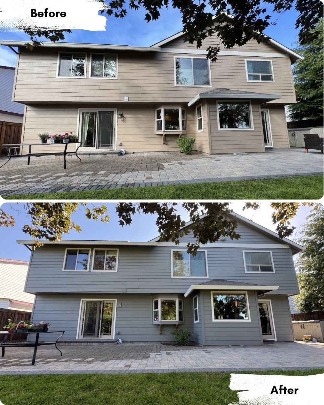 Before-and-after photos show Pearl Painters' painting of Portland house siding from beige to gray-blue.