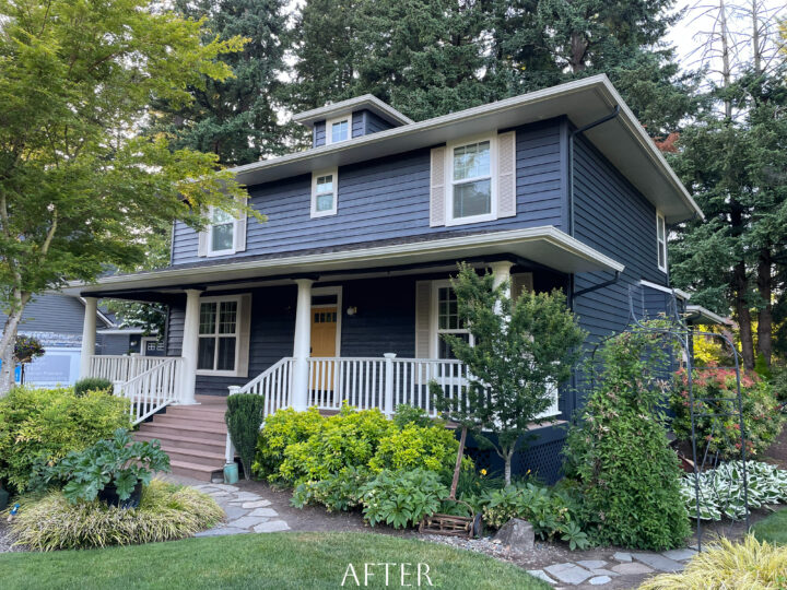 A home with a blue exterior and white trim, located in the West Linn neighborhood.