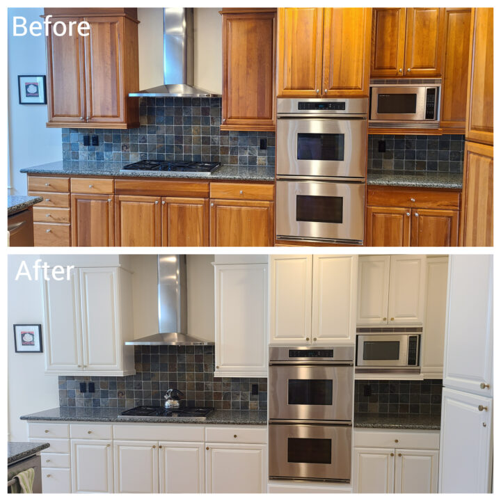 before and after kitchen cabinet painting - oak to white