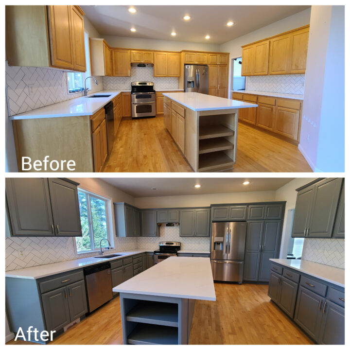 kitchen before and after cabinet painted by Pearl Painters