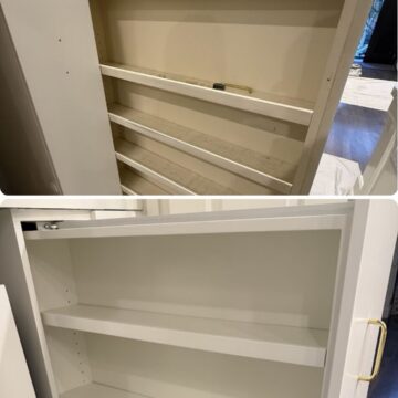 Before and after of a cabinet shelf in Portland; painter shows shelves dirty before, clean and freshly painted by Pearl Painters after.
