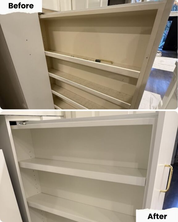Before and after of a cabinet shelf in Portland; painter shows shelves dirty before, clean and freshly painted by Pearl Painters after.