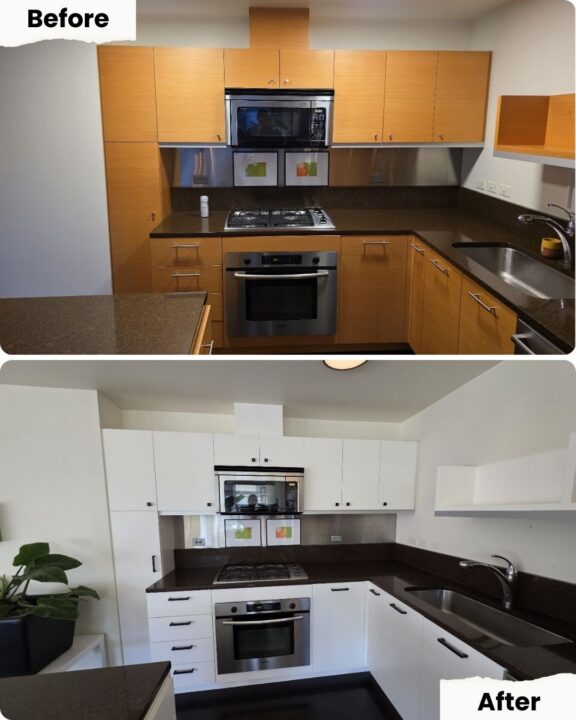 Side-by-side of a kitchen in Portland before and after Pearl Painters' painting; wood cabinets changed to white.
