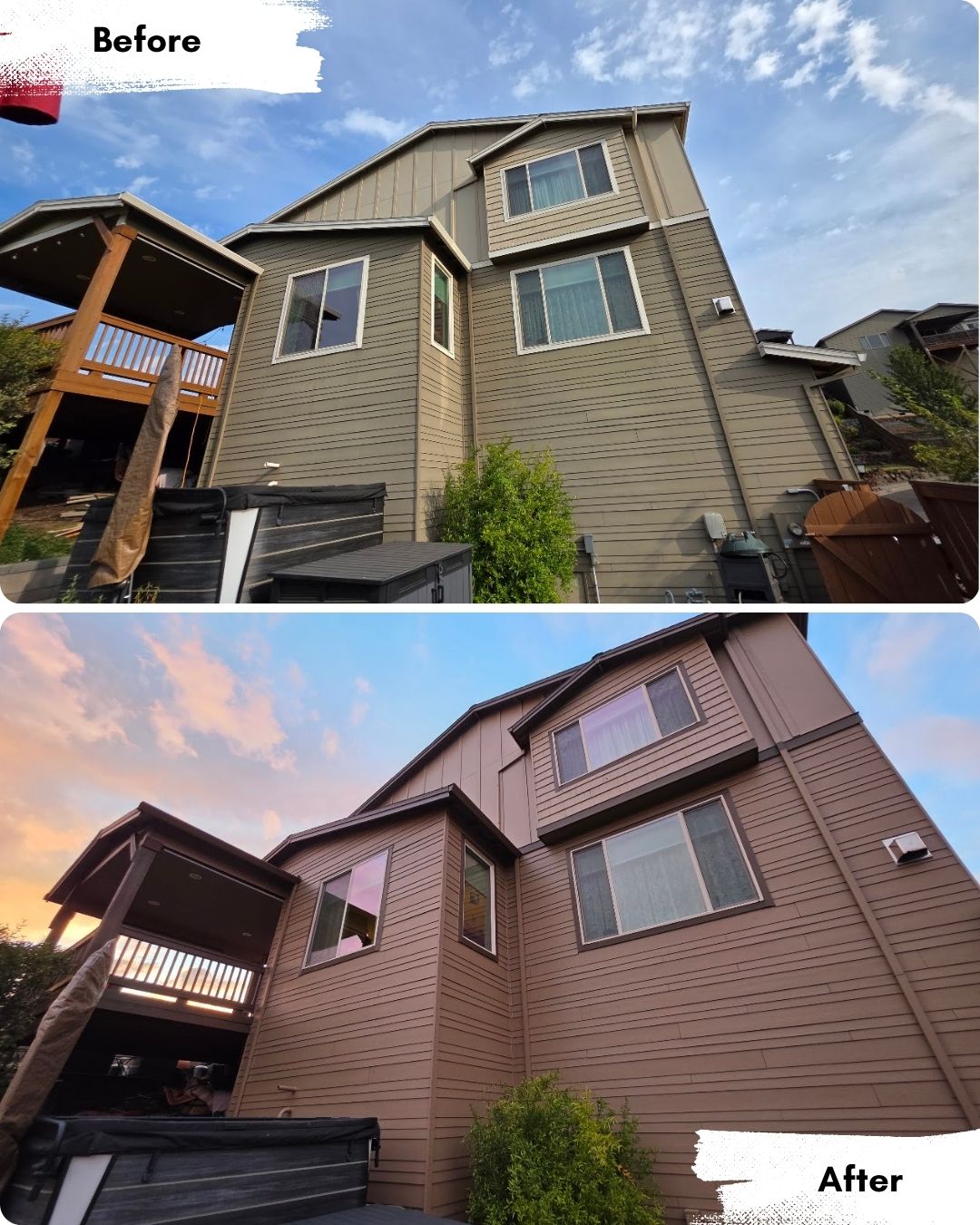 Split image of a house exterior before and after painting by Pearl Painters in Portland.