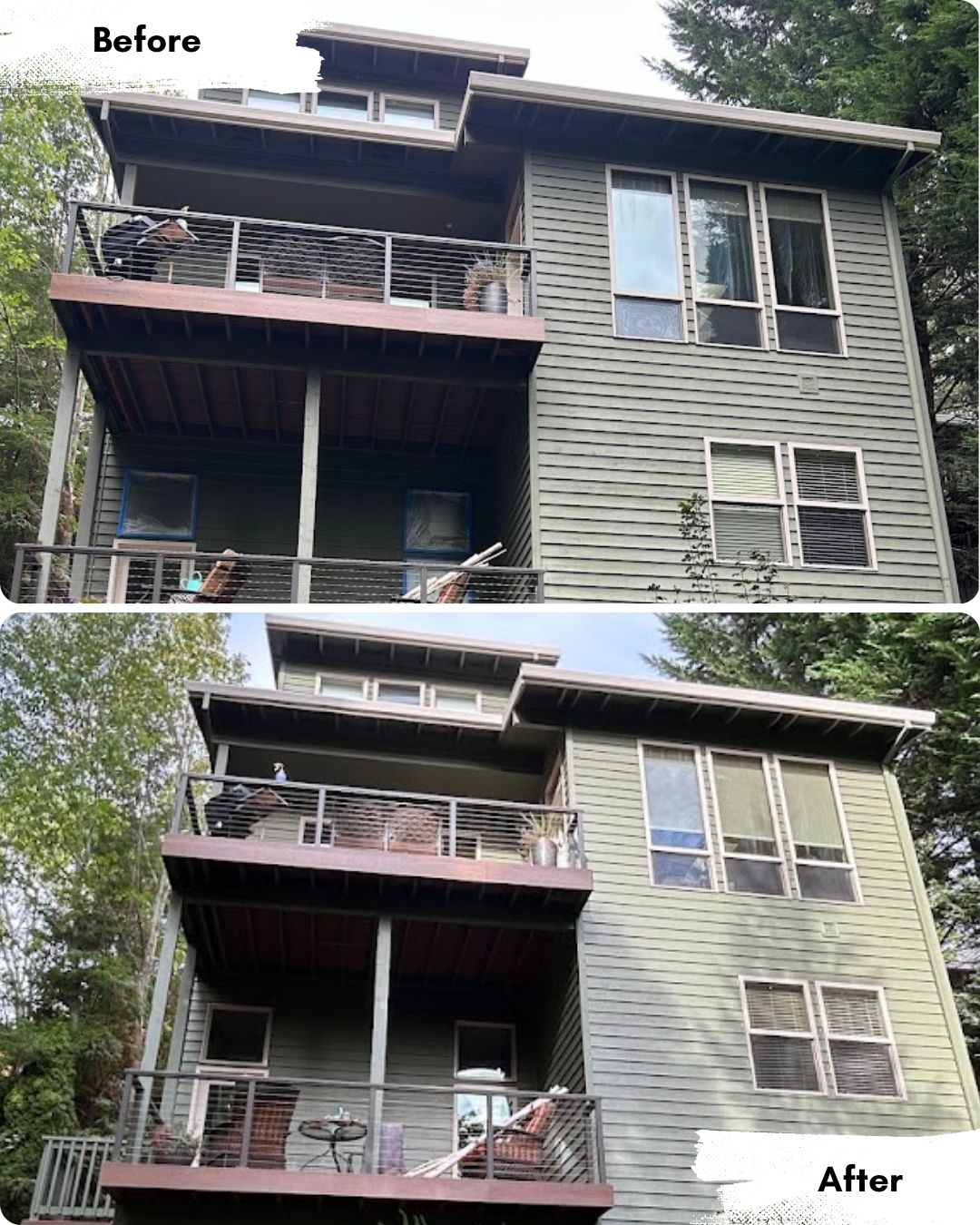 Before and after photos of house exterior painting by Pearl Painters in Portland.