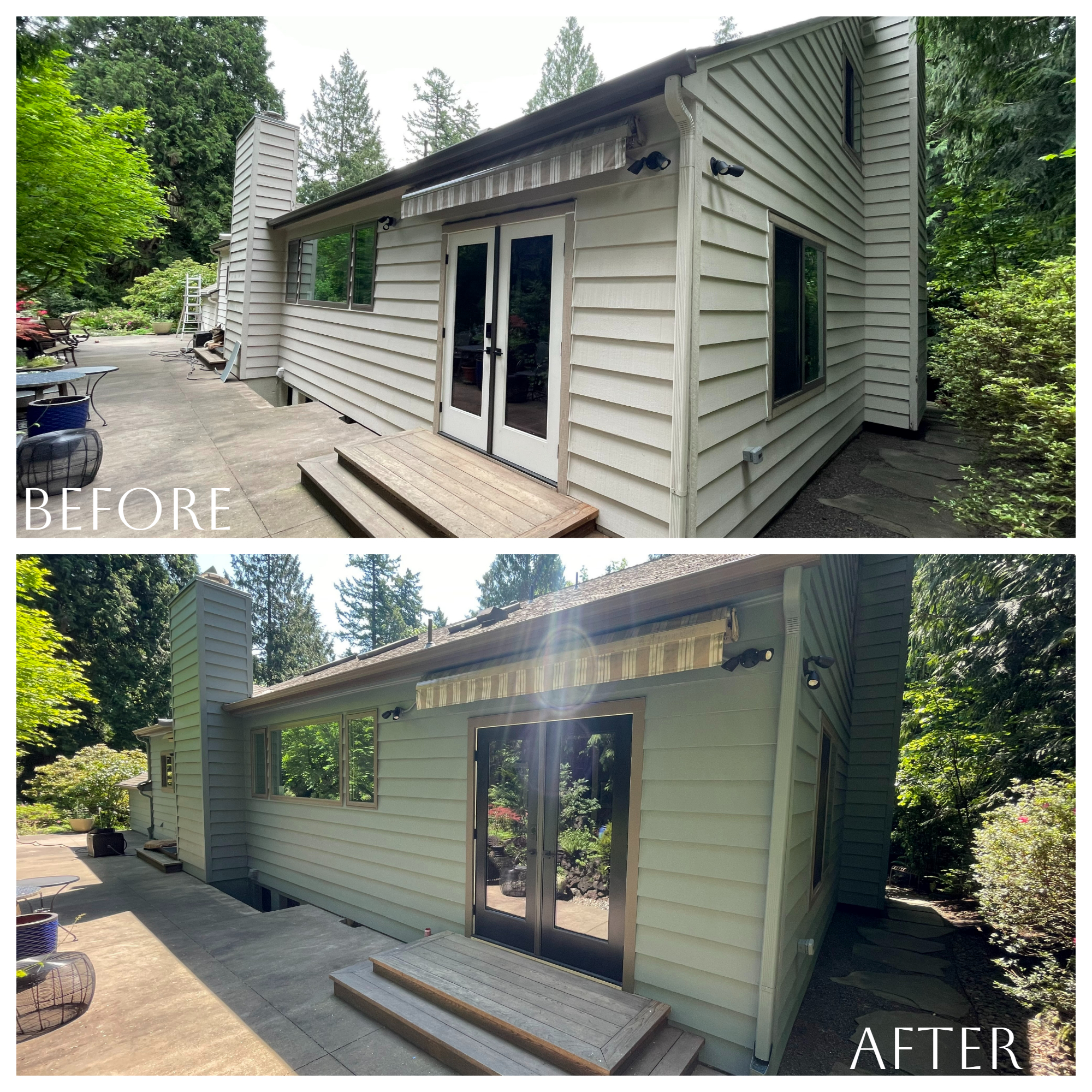 Two pictures of a house before and after awnings, showcasing the transformation in Summer 2023.