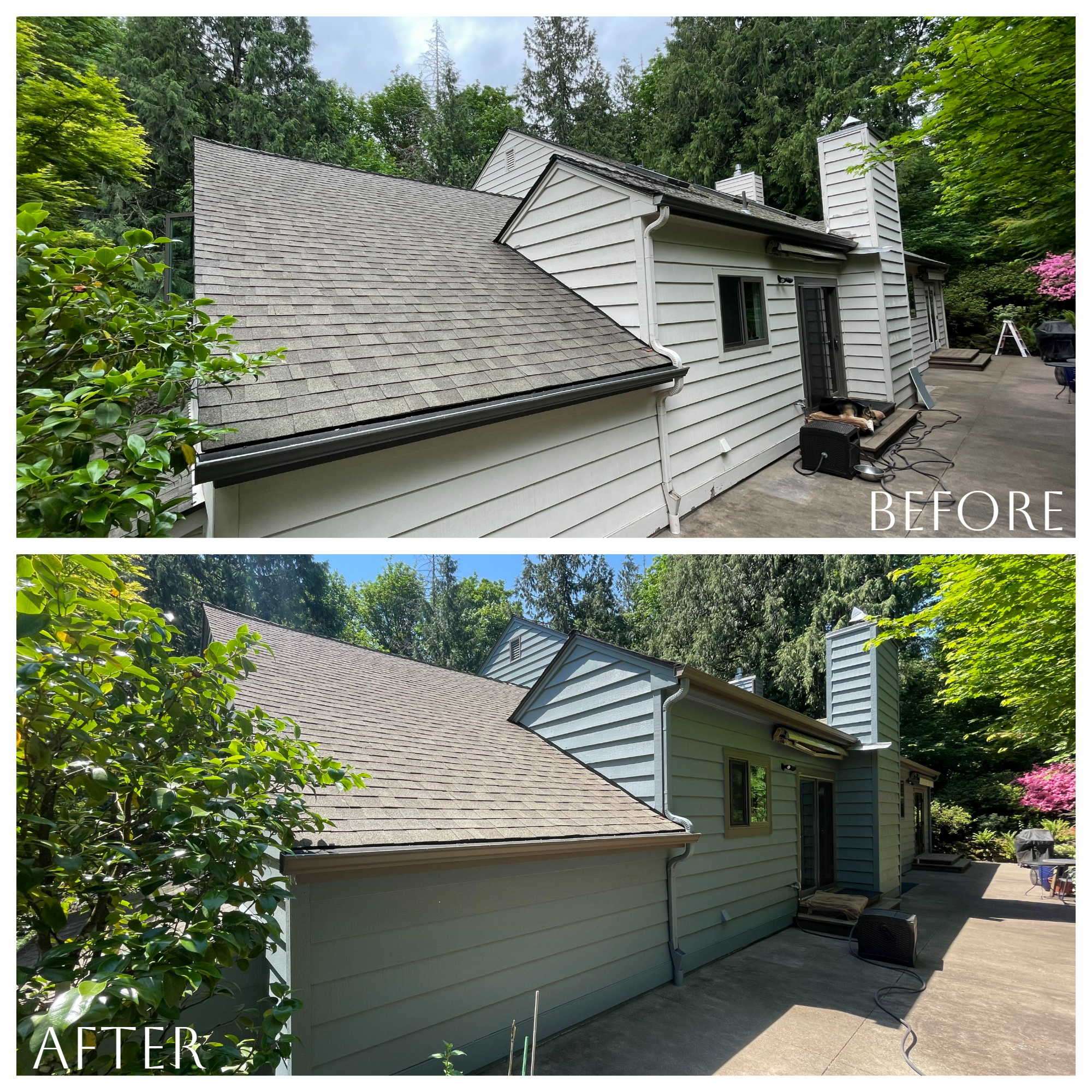 Before and after pictures of a house with a new roof and exterior paint job in the summer.
