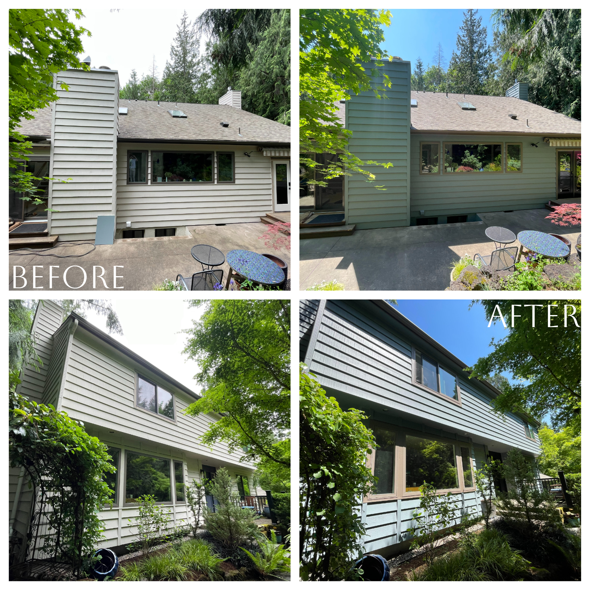 Transformative before and after pictures showcasing an outstanding exterior paint job on a house, completed during the vibrant summer of 2023.