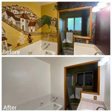 A bathroom with a mural before and after, brought to life by Pearl Painters, who received a 5-Star Google Review for their exceptional work.