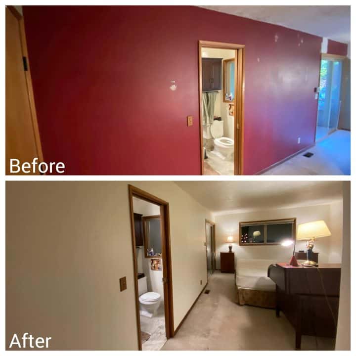 Before and after photos of a room painted by the Pearl Painters, showcasing stunning red walls. Featuring a remarkable transformation highly rated with a 5-Star Google Review.