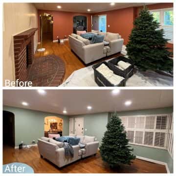 Before and after pictures of a living room with a Christmas tree in a house.