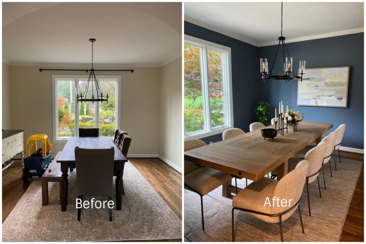 Before and after photos of a holiday-ready dining room transformation.