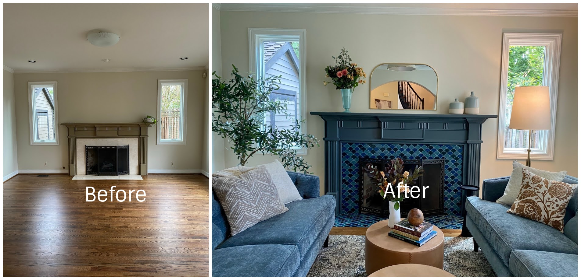 Before and after photos of an indoor living room with a fireplace.
