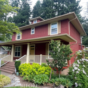 A red house with white trim, located in the West Linn neighborhood where it has stood for 20 years.