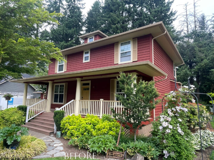 A red house with white trim, located in the West Linn neighborhood where it has stood for 20 years.