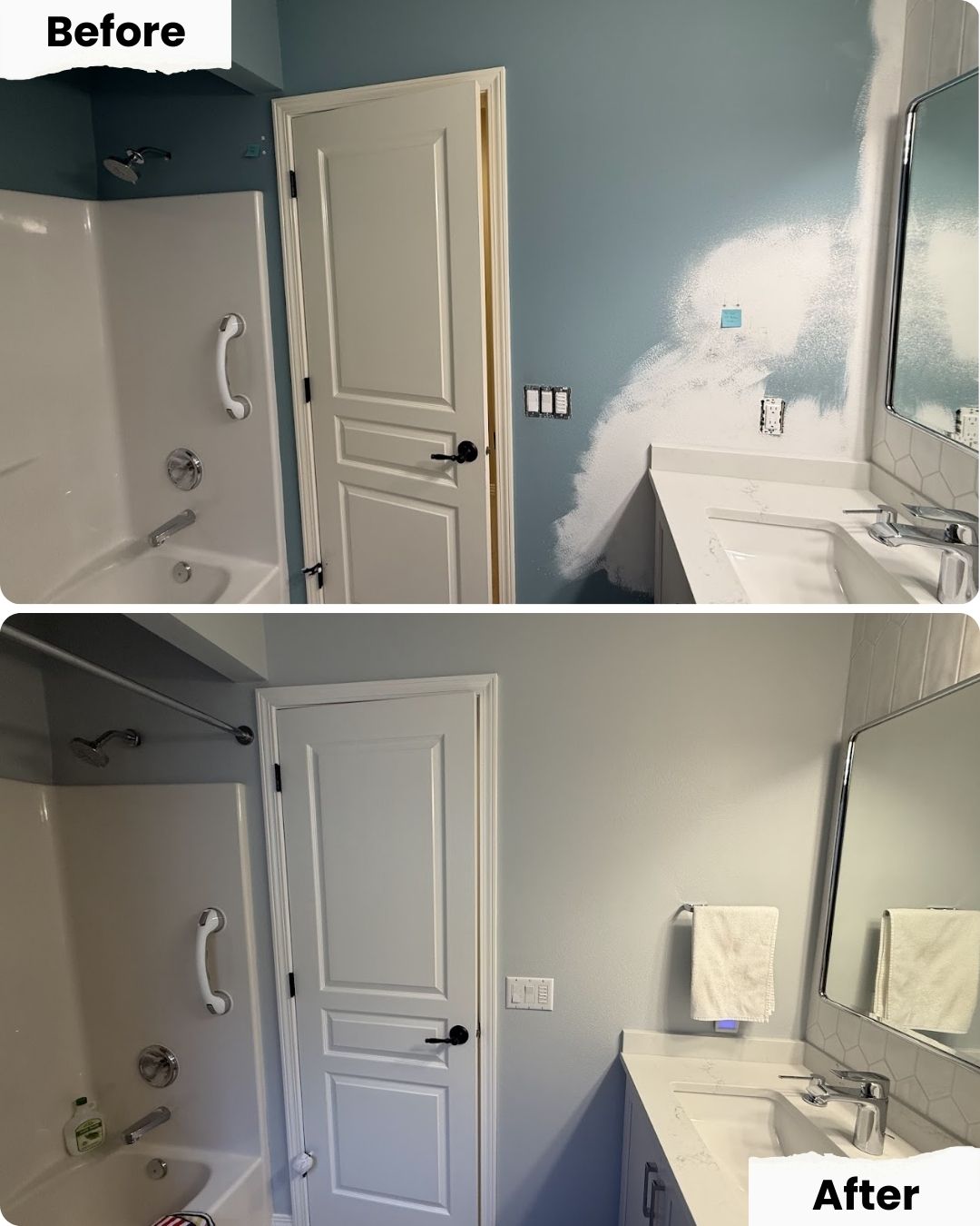 Before and after photos of bathroom painting by Pearl Painters in Portland, showing wall from partially to fully painted.