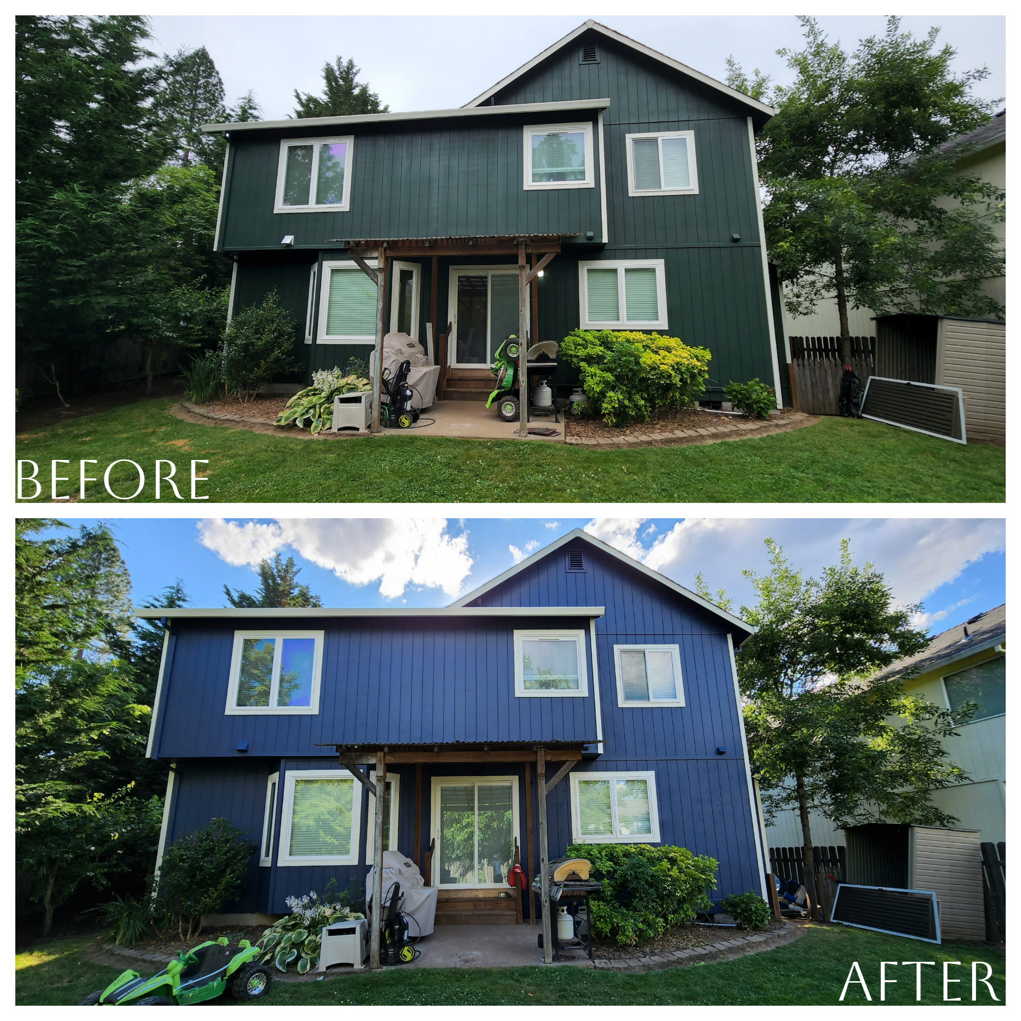 Before and after pictures of a home with blue siding transformed by a fresh coat of paint, getting it holiday-ready.