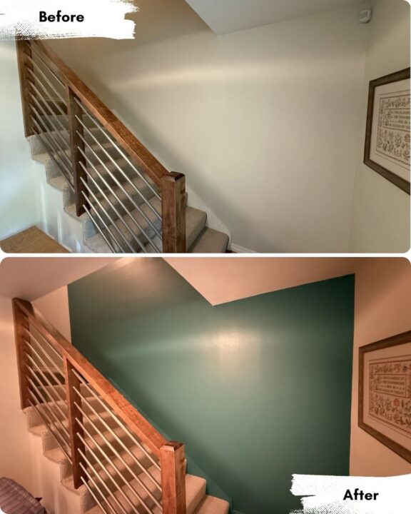 Before: plain beige staircase wall. After: Pearl Painters painted it teal with a geometric edge in Portland.