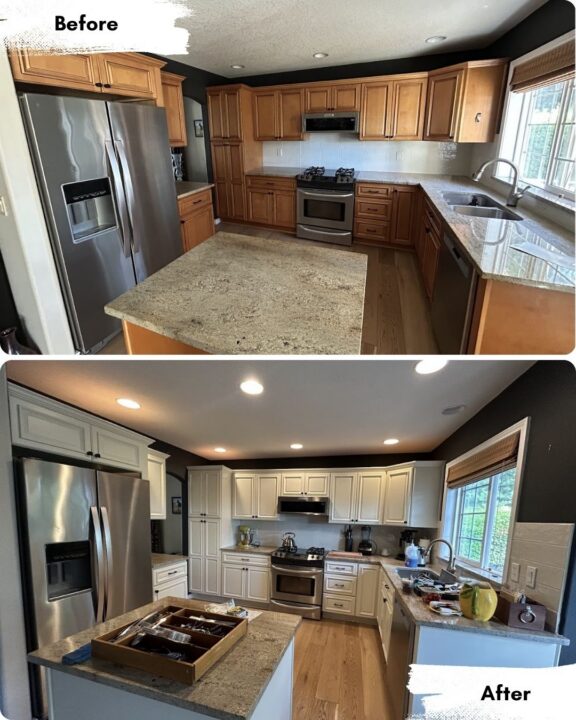 Before-and-after kitchen in Portland by Pearl Painters; wood cabinets are painted light, updating the space with modern decor.